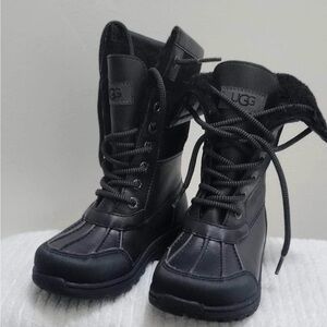 Kid UGG Black Leather Lace-Up Boots
